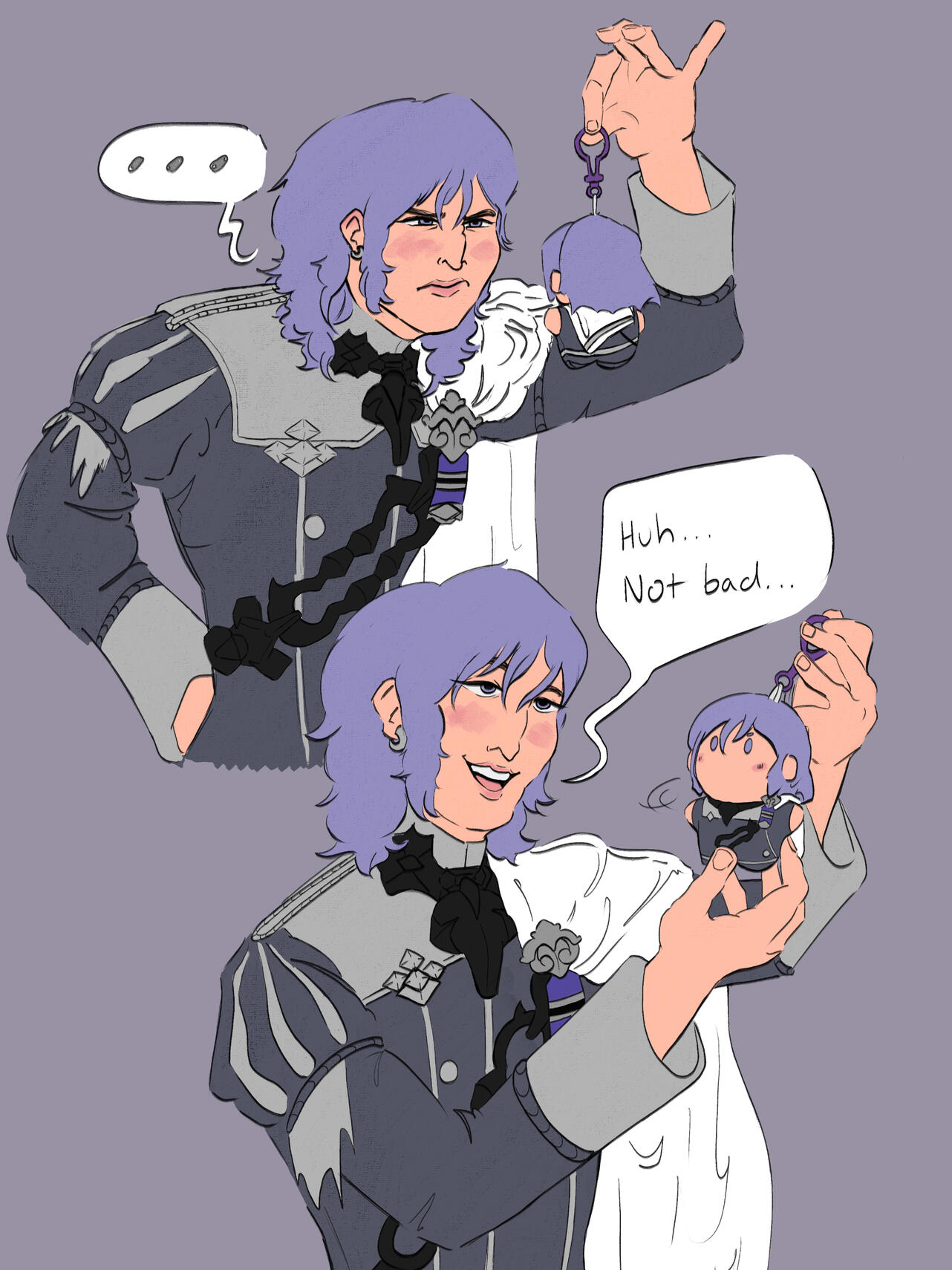 A mini comic of Yuri from Fire Emblem: Three Houses holding a keychain of himself made by the artist @/mogiberi (2025)