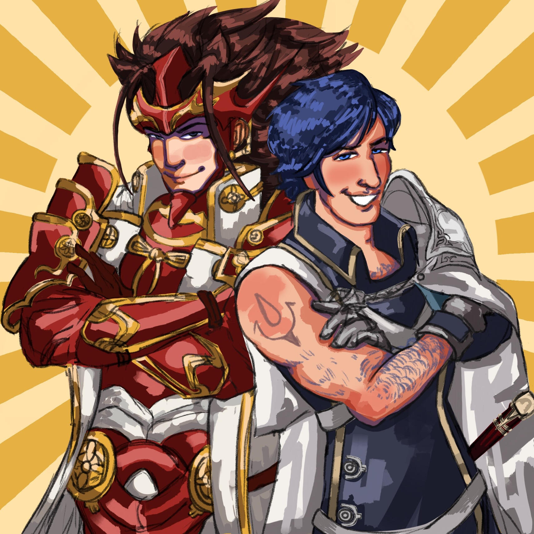 An illustration of Ryoma and Chrom from Fire Emblem: Fates and Fire Emblem: Awakening respectively (2023)